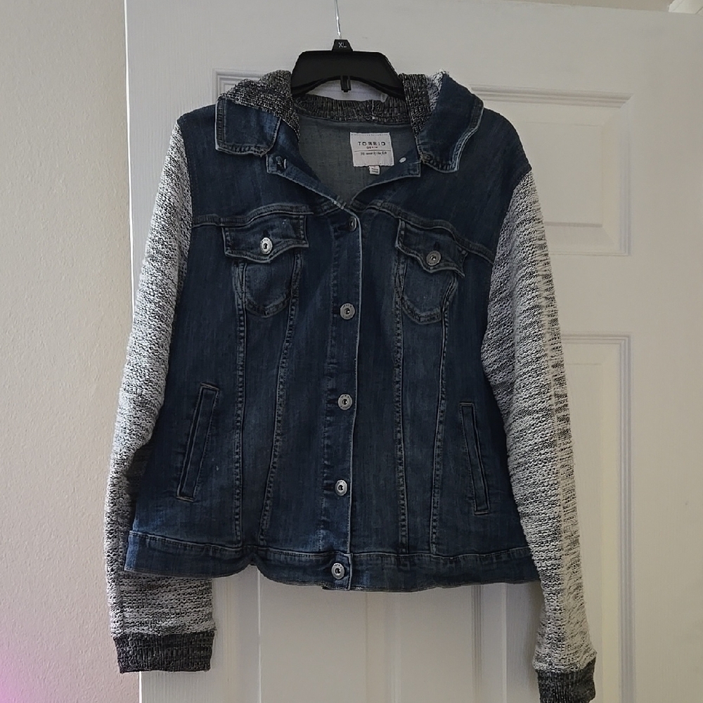 Denim Jacket with Knit Sleeves